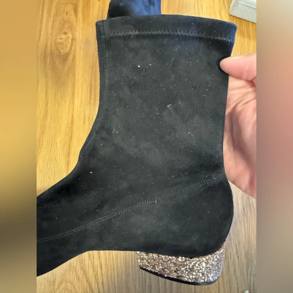 Jimmy Choo Black Suede Ankle Boots with Glitter Heel 38.5 EUC - Picture 8 of 12